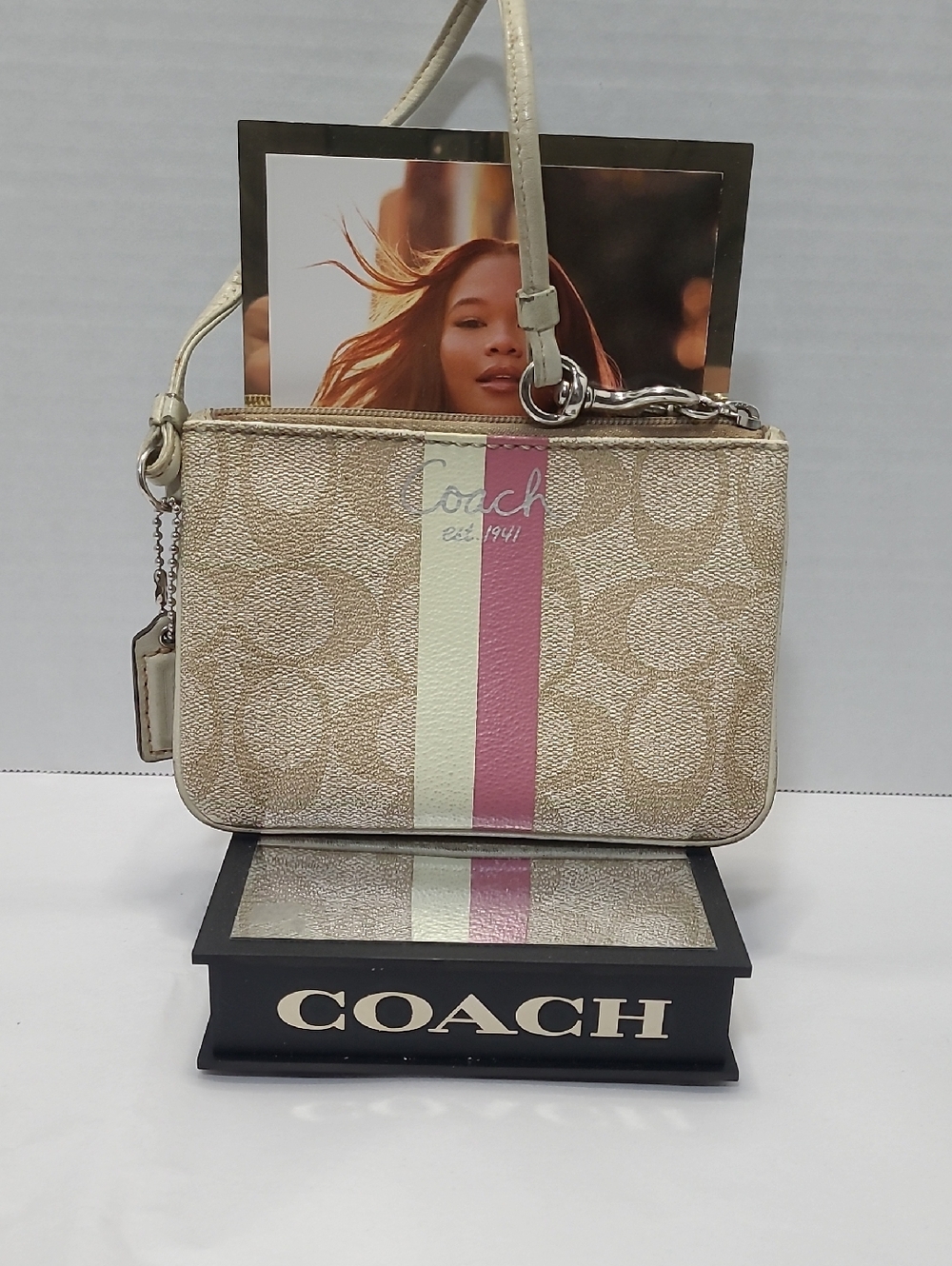 Coach Beige Signature Wristlet with Pink & Cream Center Stripe
